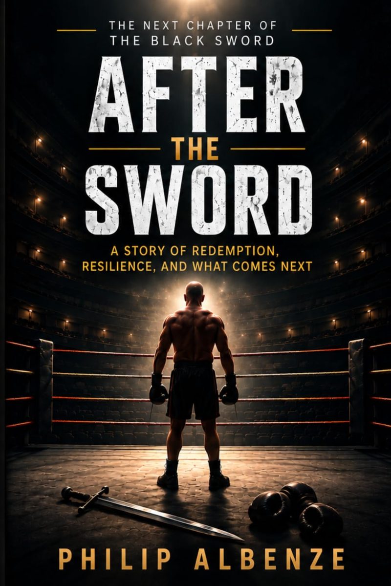 Cover of After the Sword by Philip Albenze: a boxer standing in a ring with a sword and gloves at his feet