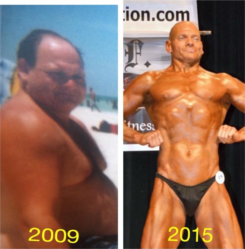 Phil Albenze at 304 pounds on a beach in 2009, and on a bodybuilding stage in 2015