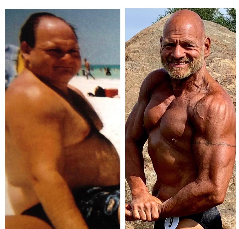 Phil before, heavy and shirtless on a beach, and after, lean and muscular
