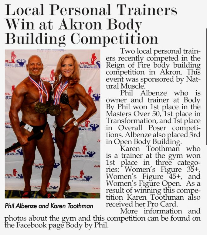 Newspaper clipping: Local Personal Trainers Win at Akron Body Building Competition, with Phil and Karen Toothman wearing medals